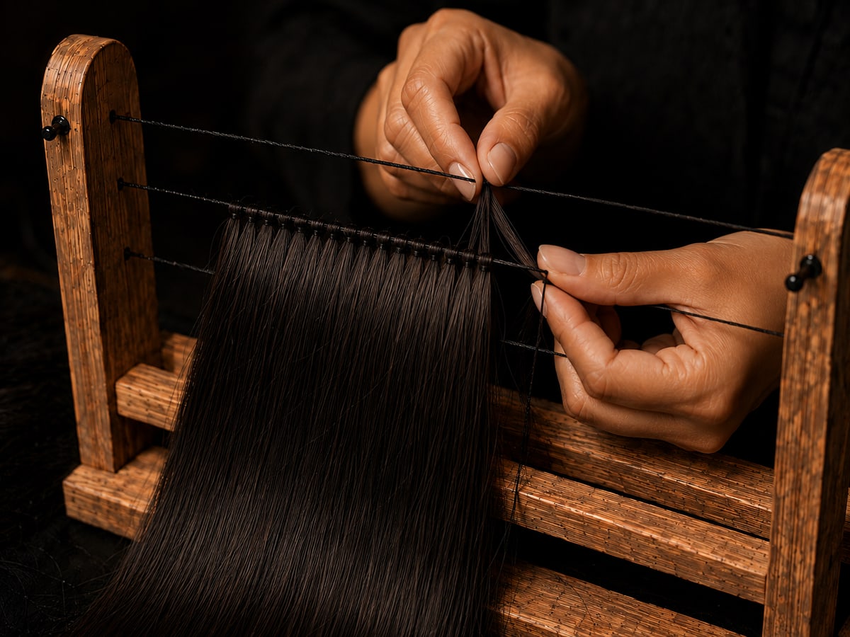 Confecção manual de tela para Mega Hair no tear
