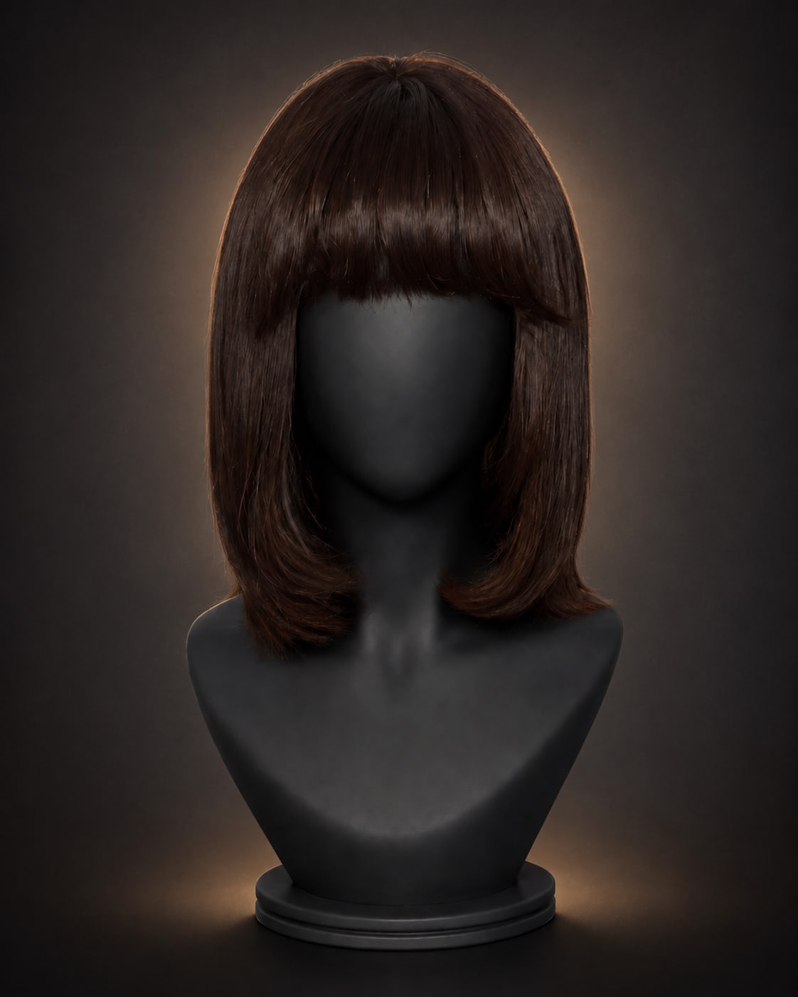 Peruca castanho-escura lisa com franja reta.