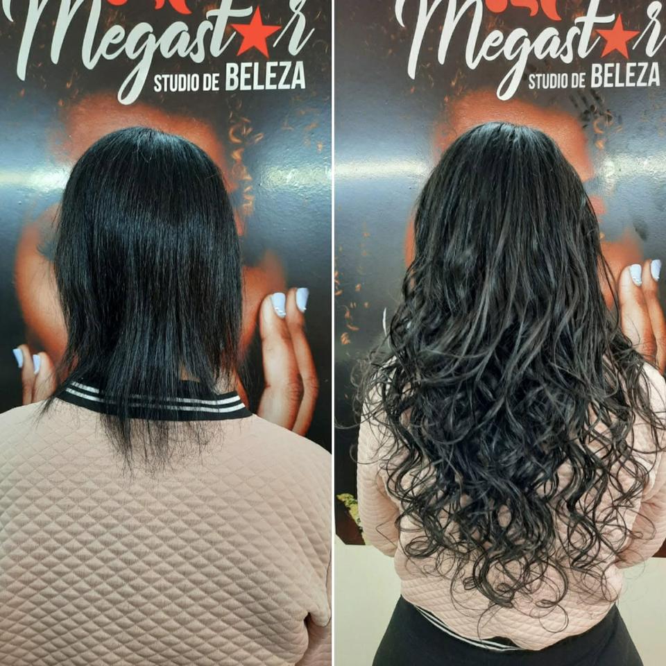 Antes e depois de Mega Hair: mais comprimento e cachos volumosos.