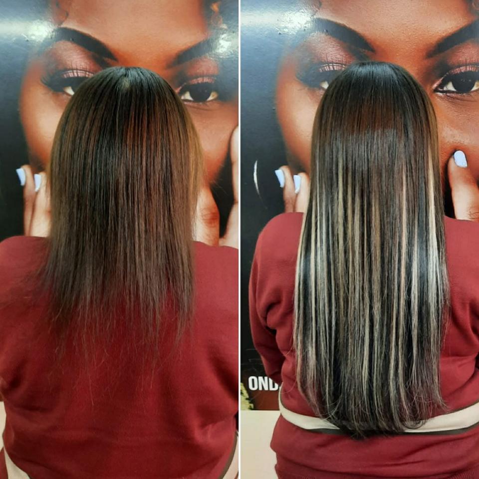 Antes e depois de Mega Hair: fios lisos, com mais comprimento e luzes.