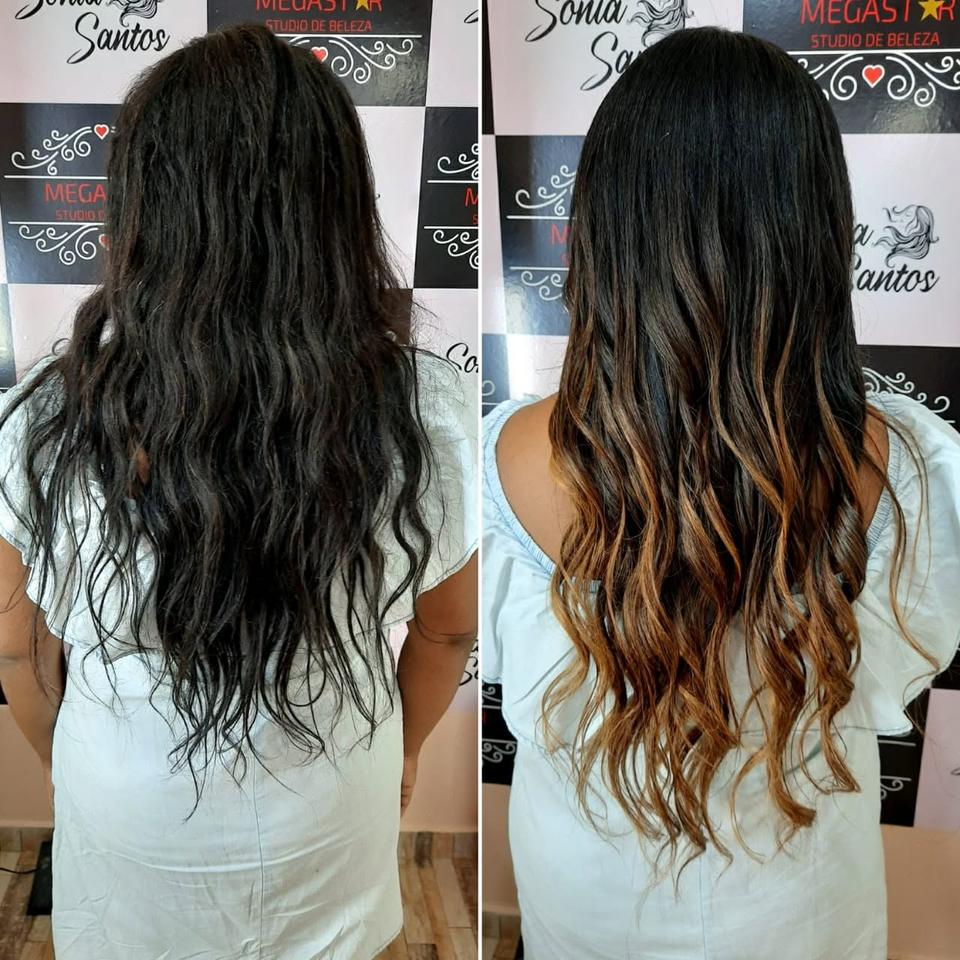 Antes e depois de Mega Hair: mais volume e brilho nas ondas.