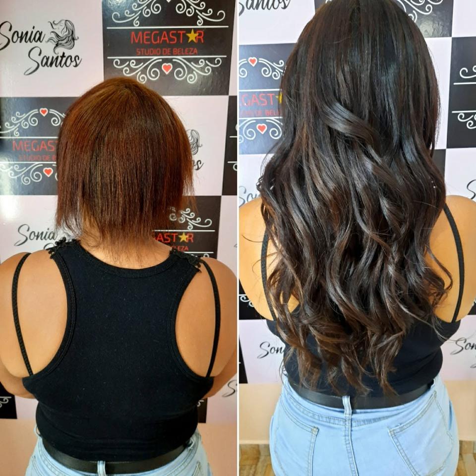 Antes e depois de Mega Hair: transformação completa com cachos e comprimento.