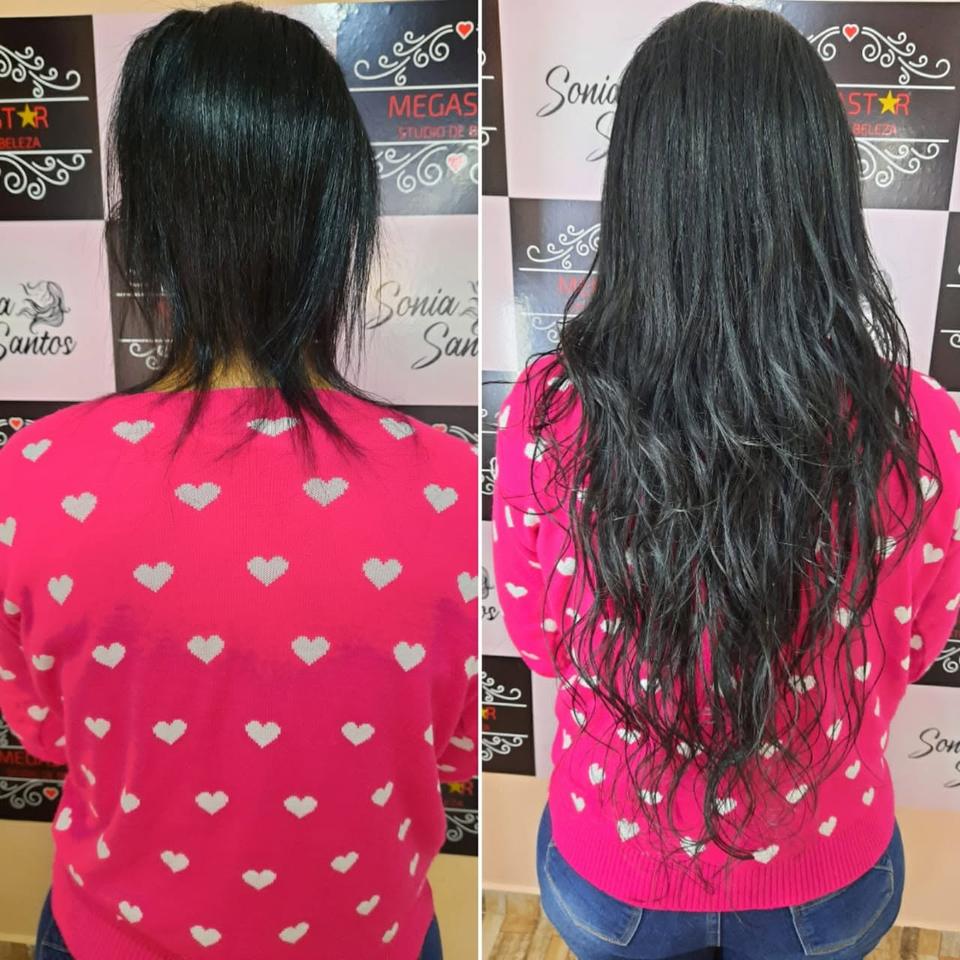 Antes e depois de Mega Hair: mais comprimento e movimento nos fios.