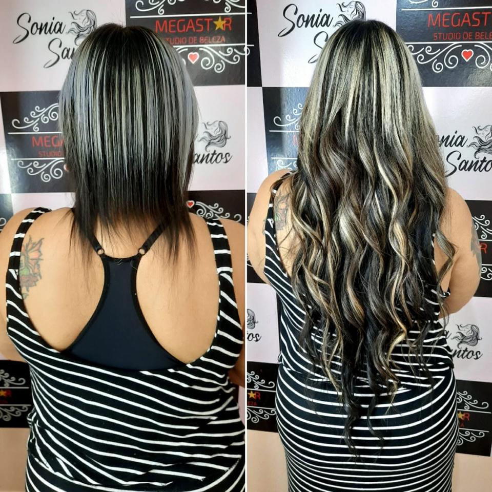 Antes e depois de Mega Hair: muito mais comprimento e cachos definidos.